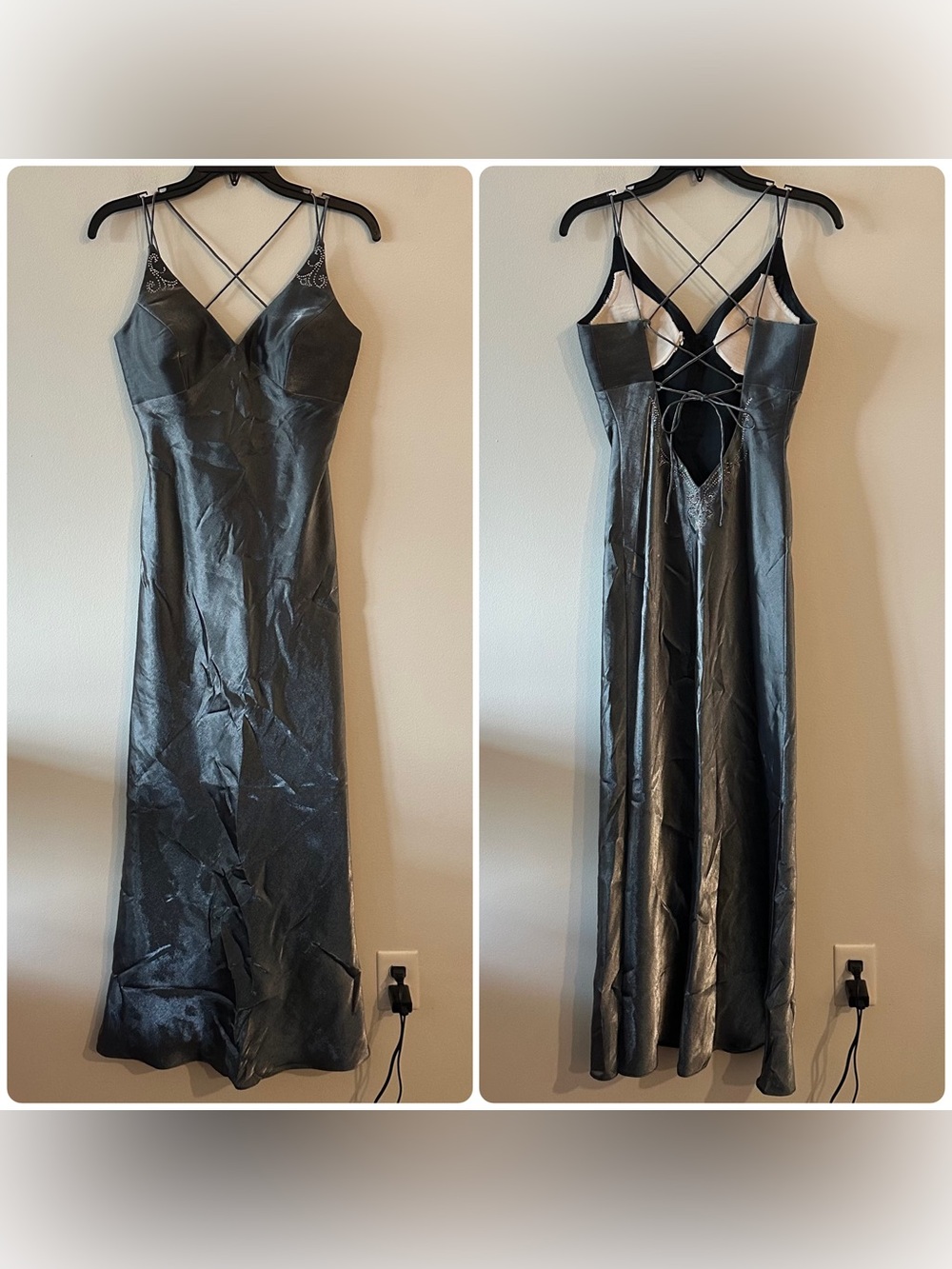 Vintage 90s Y2K Dave & Johnny Gown Grey Rhinestone Low Back Strappy 5/6 Alt